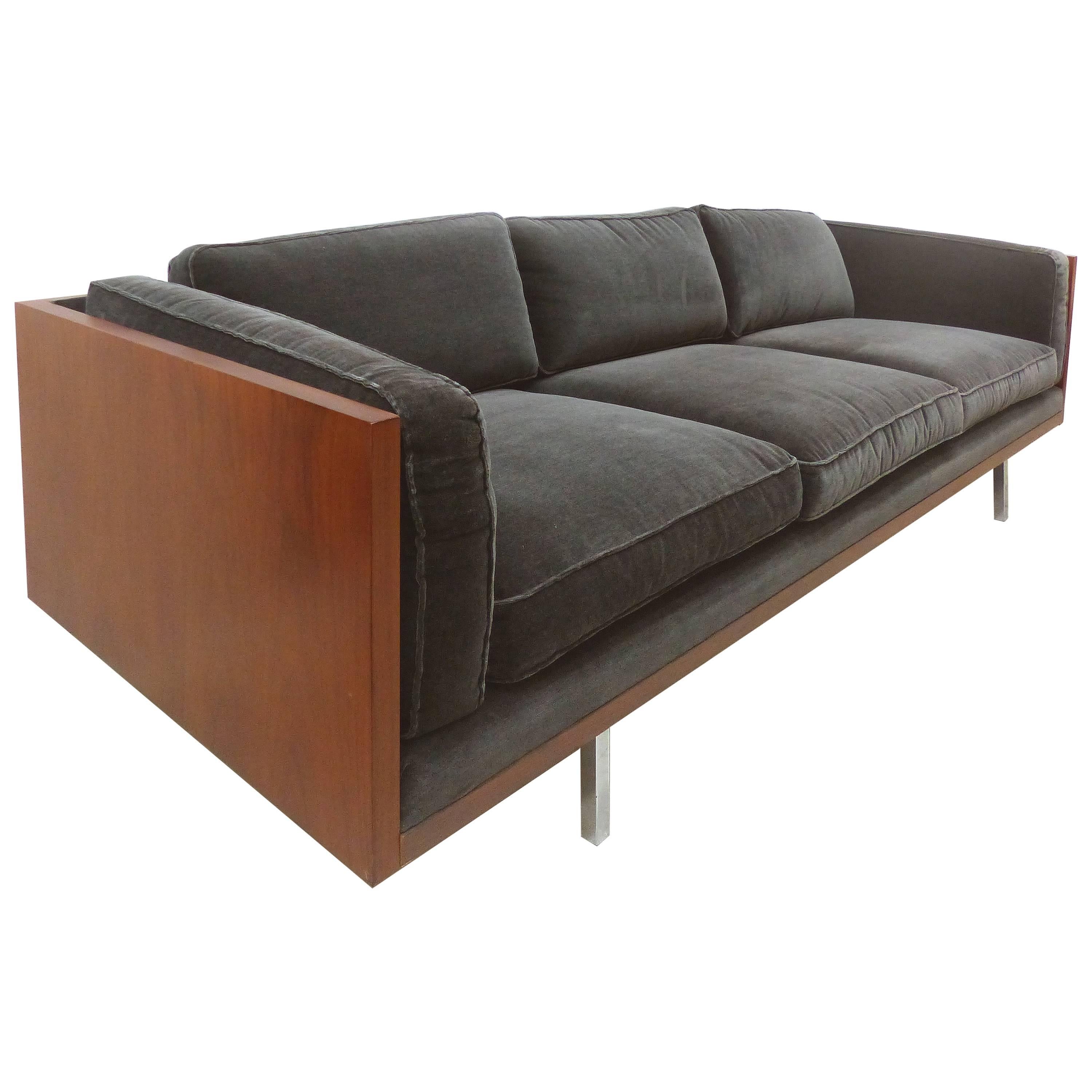 Milo Baughman Attributed Mid-Century Modern Wood Tuxedo Sofa 