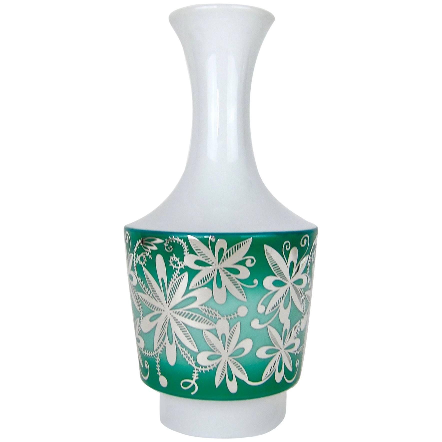 Silver Overlay Spahr & Co Porcelain Vase in Green and White For Sale