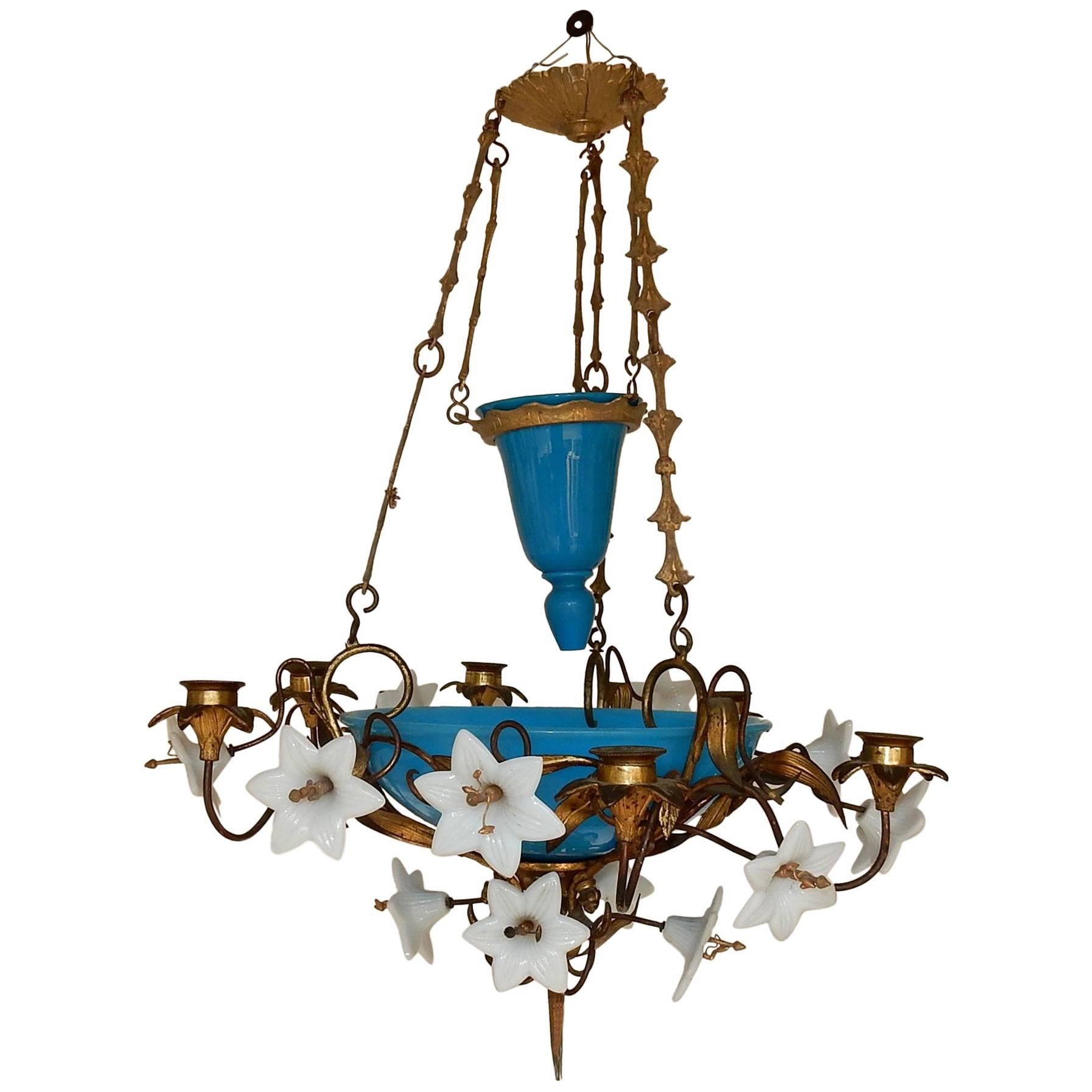 1880 Chandelier in Bindweeds with Blue Opaline and White Opaline Flowers For Sale