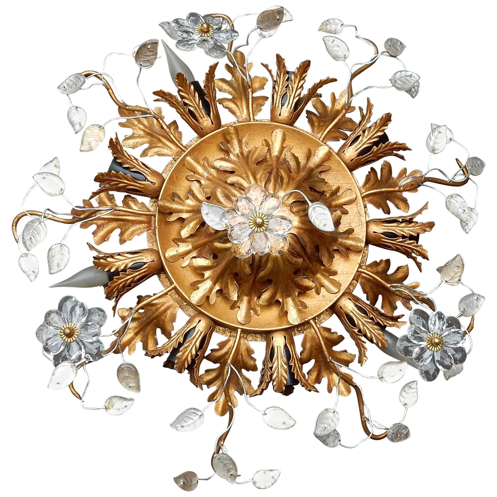 1970 Ceiling Light with Flowers and Leaves in the Style Maison Baguès Nine Bulbs
