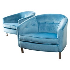 Pair of Mid-Century Barell Back Club Chairs in Blue Velvet