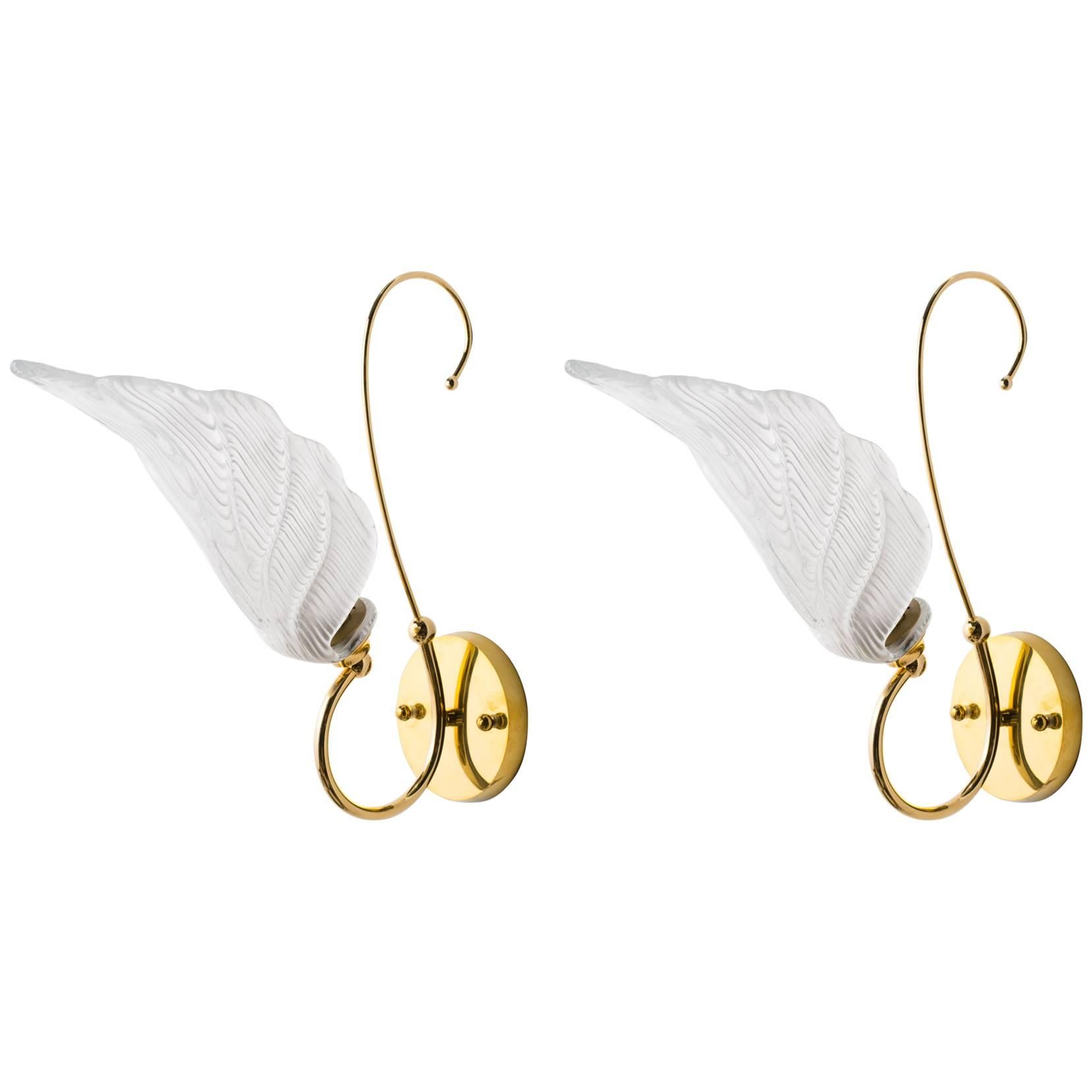 Glass Leaf and Brass Sconces For Sale
