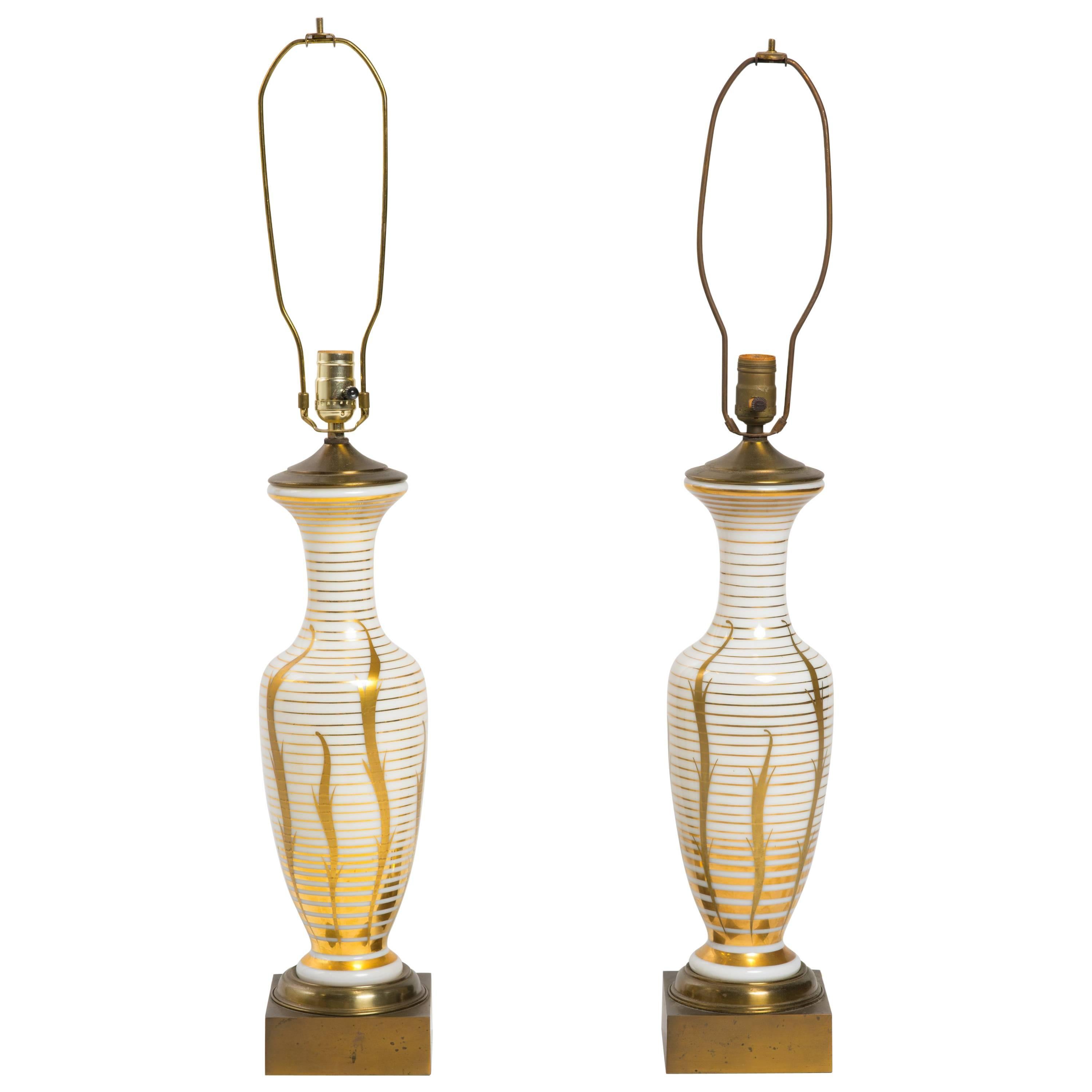 Pair Hand-Painted Brass and Glass Table Lamps