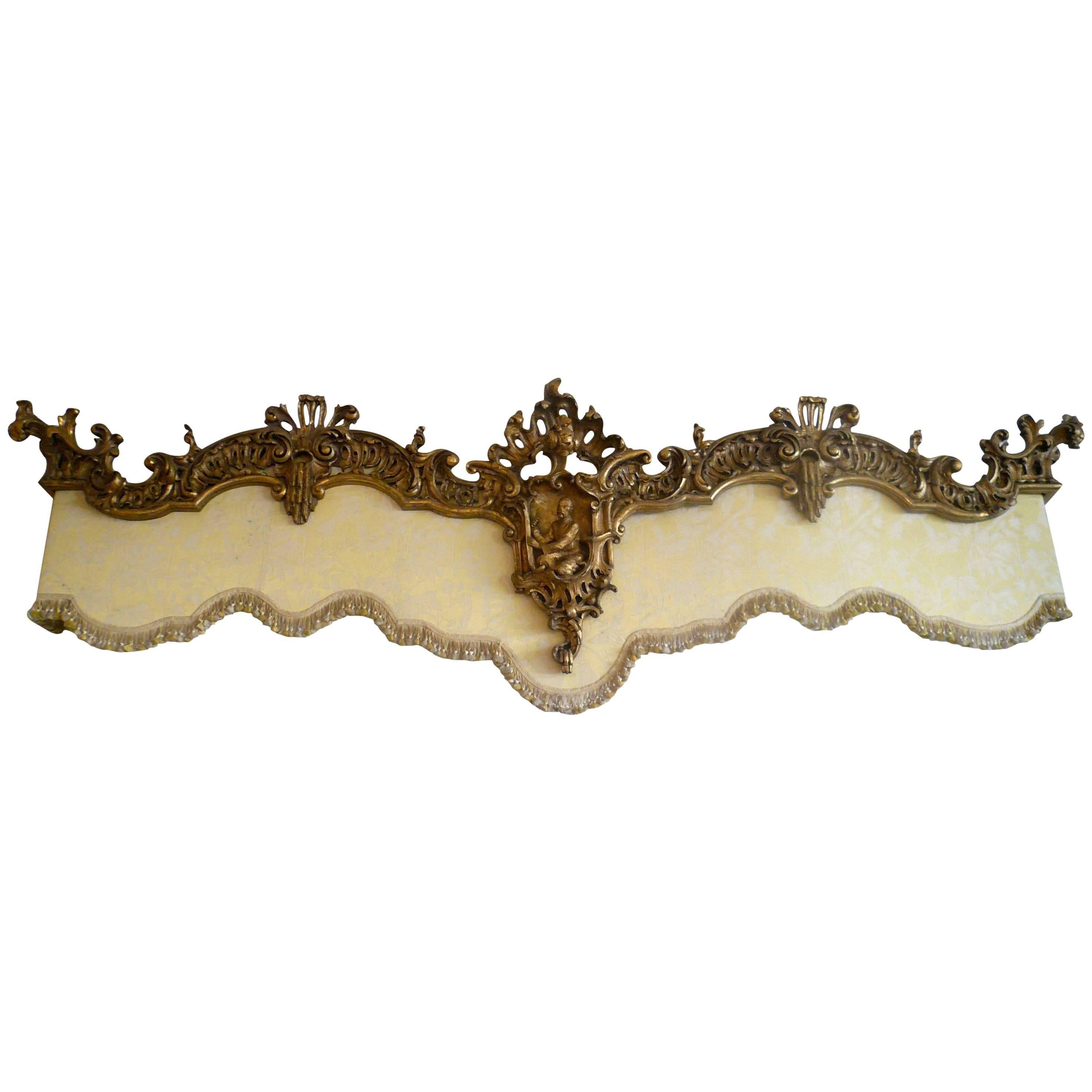 Carved and Giltwood Chinese Chippendale Style Pelmet with Damask Valance