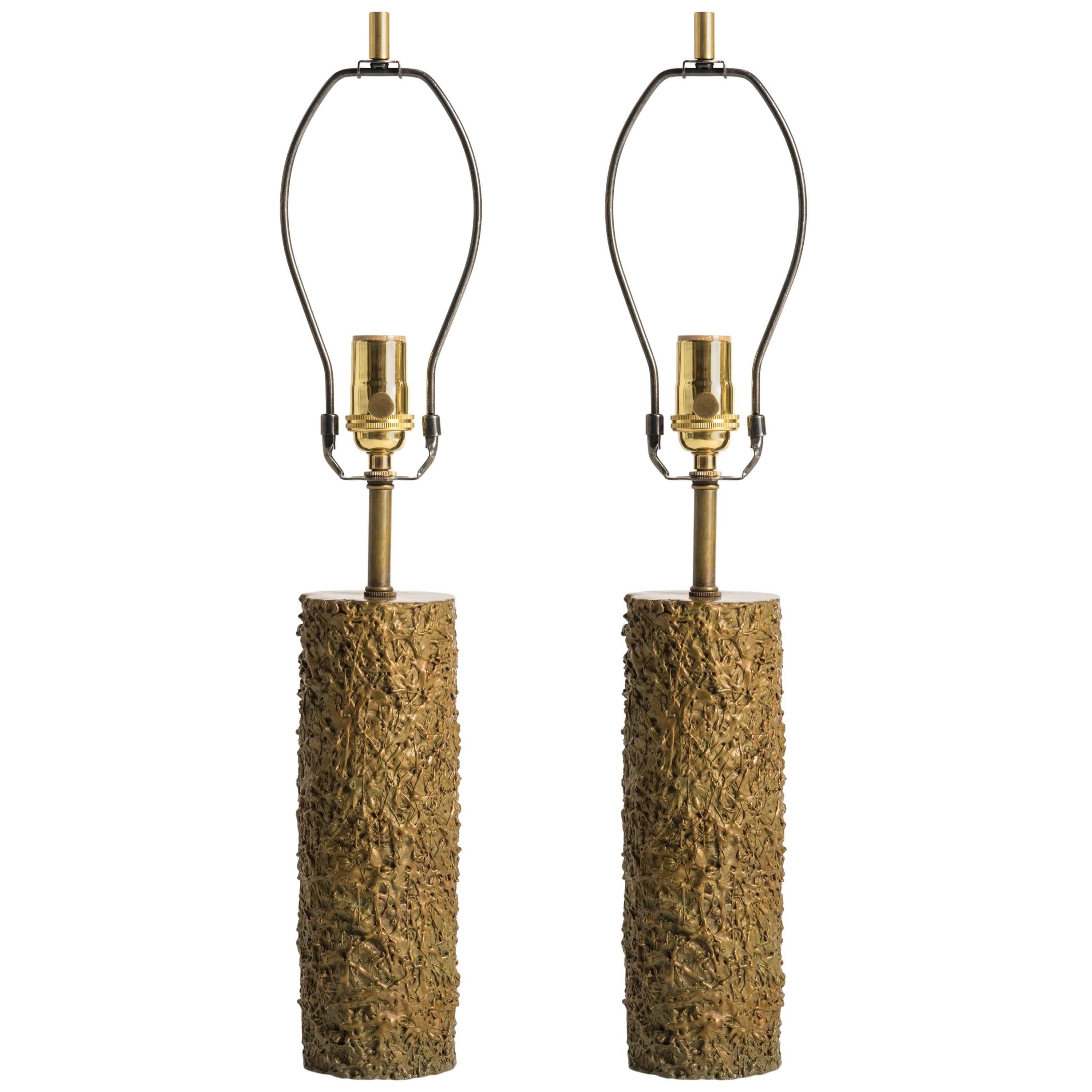 Pair of French Textured Bronze Lamps For Sale