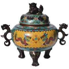 Huge Cloisonné Incense Burner with Dragon and Foo Dog