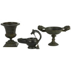 Group of Three Bronze Grand Tour Pieces Copied from Antique Lamp, Urn & Tazza