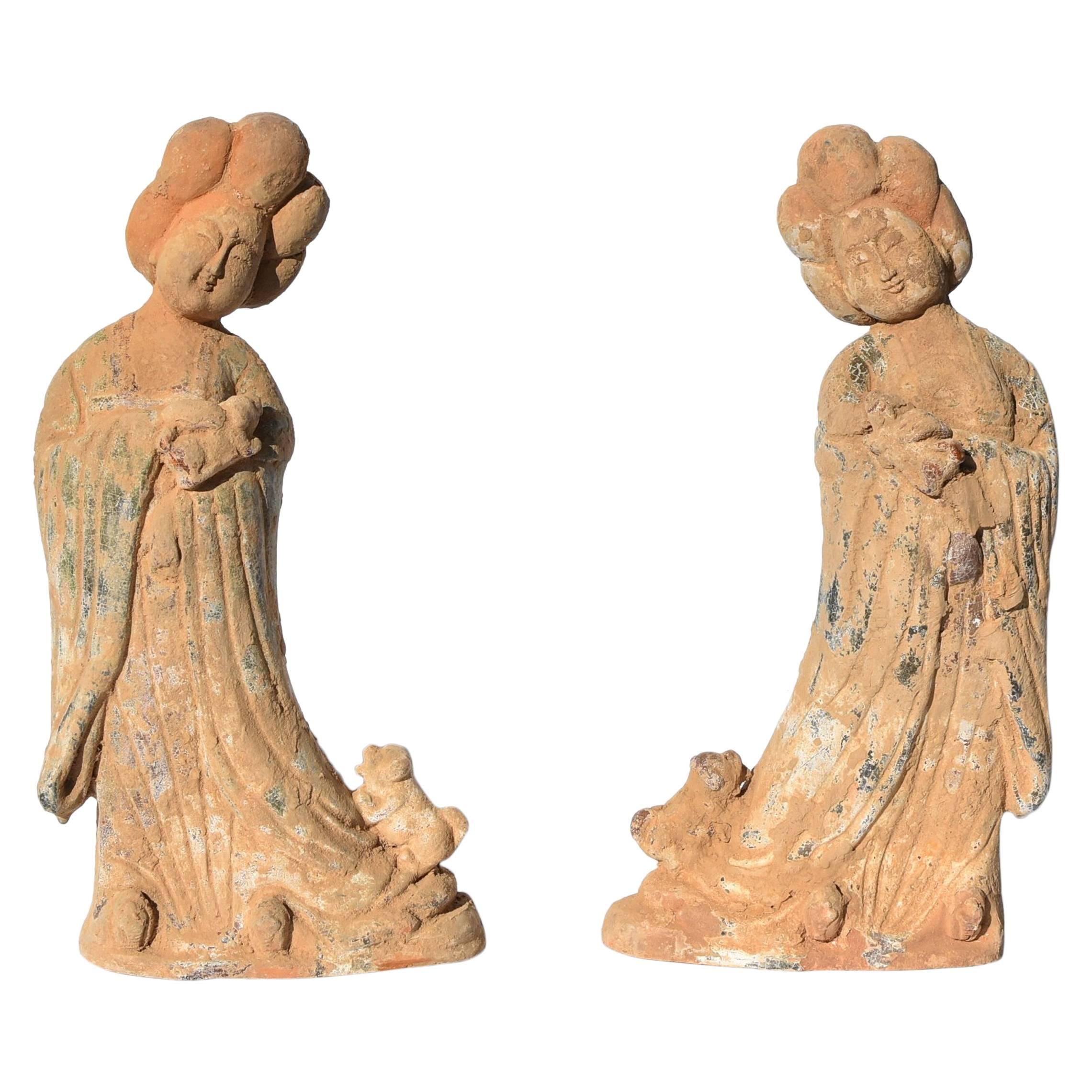 Pair of Tang Dynasty Style Terracotta Court Ladies