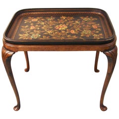 Fine English Papier Mâché Black Painted and Parcel-Gilt Tray on Mahogany Stand