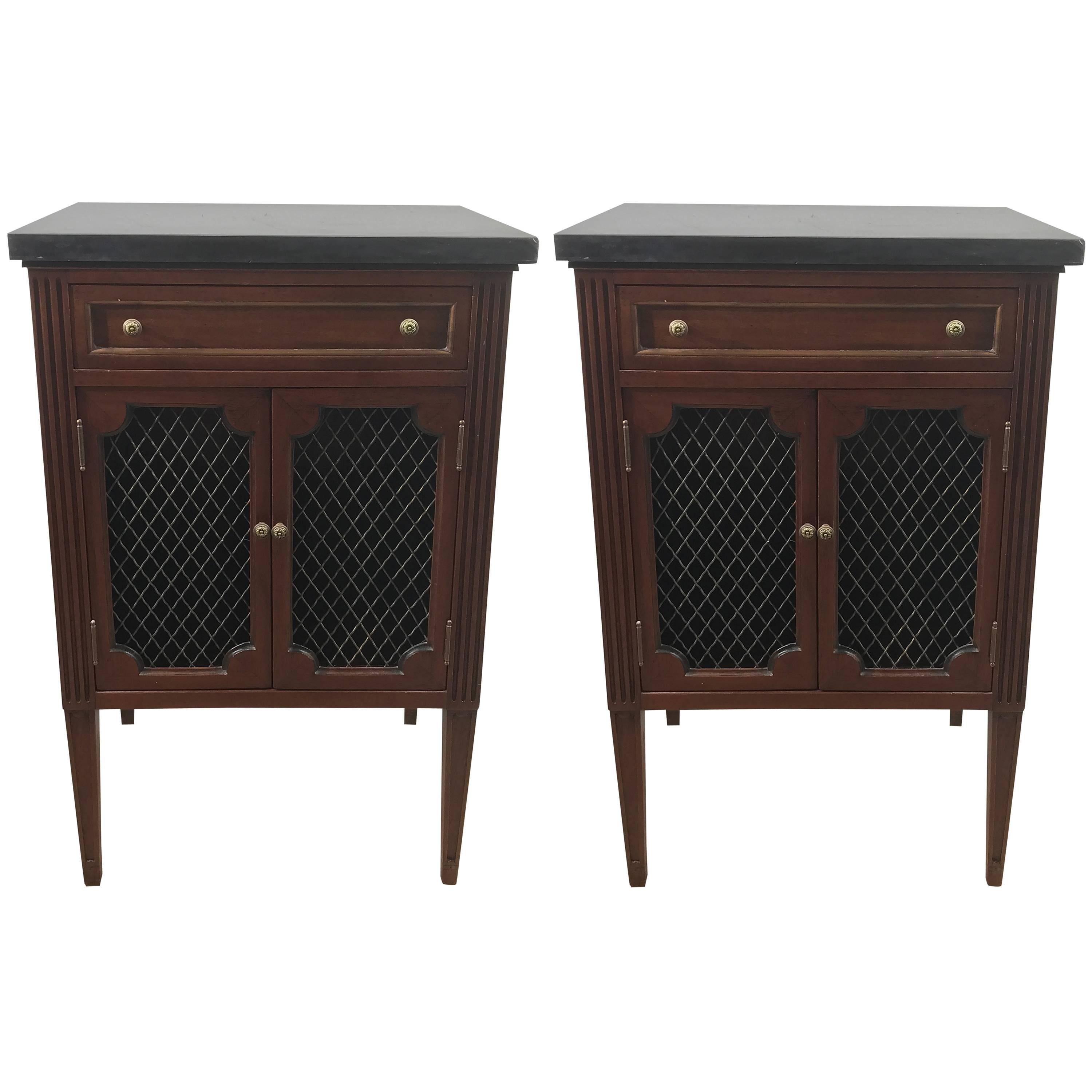 Pair of Marble-Top Directoire Brass-Mounted End Tables or Nightstands
