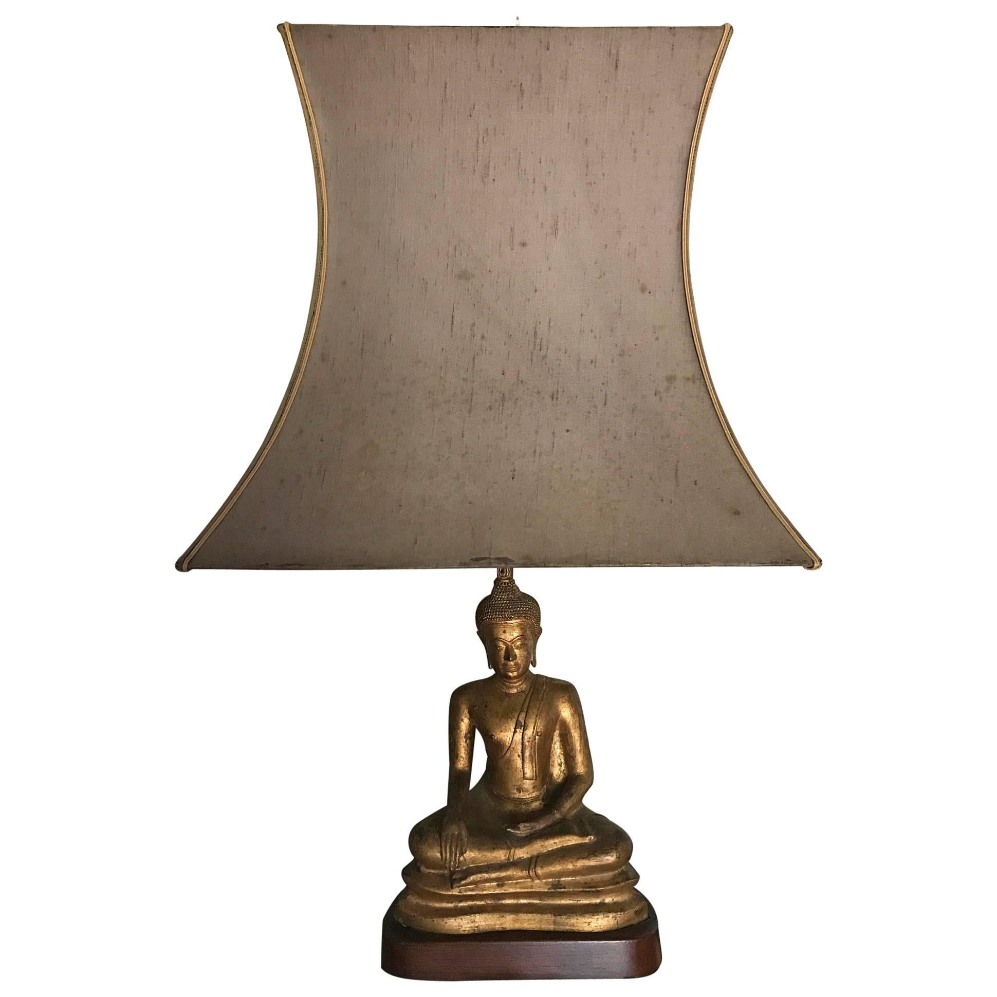 Gilded Tall Metal French, 1970s Buddha Lamp Original Shade For Sale