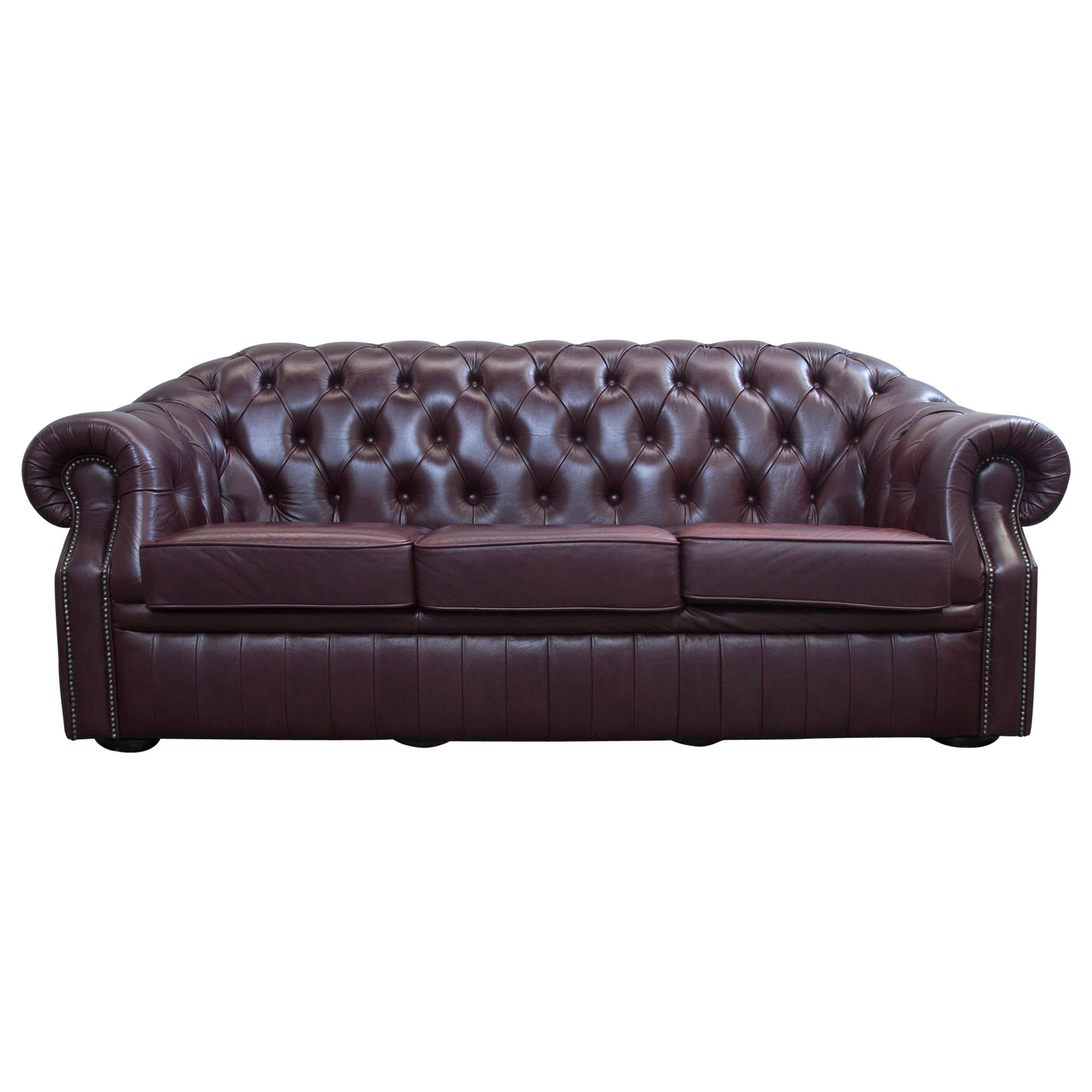 Chesterfield Sofa Red Brown Leather Three-Seat Couch Retro Vintage