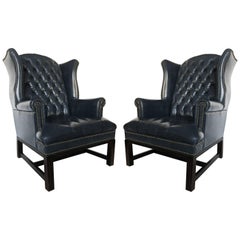 Pair of Chesterfield Tufted Leather Wing Back Chairs