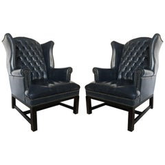 Pair of Chesterfield Tufted Leather Wing Back Chairs 10