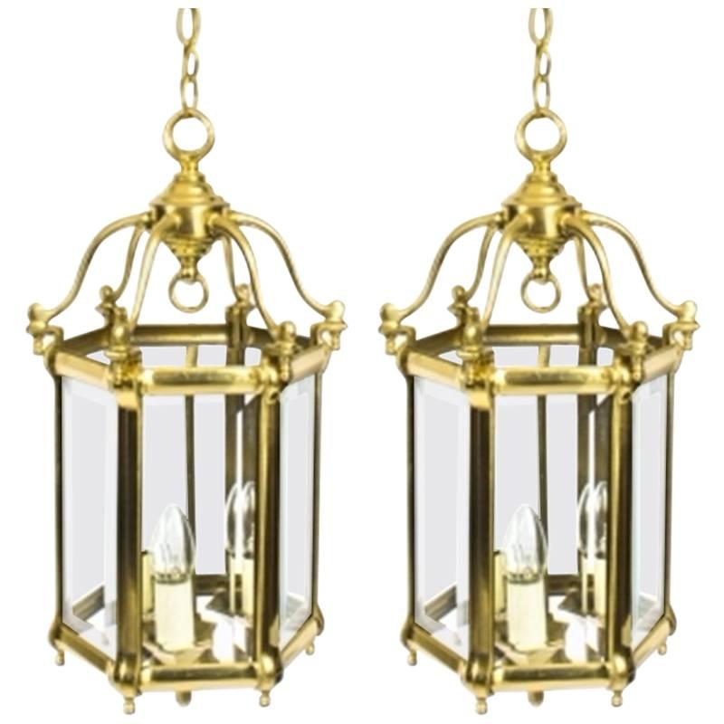 Mid-20th Century Pair of Brass Hexagonal Hall Lanterns