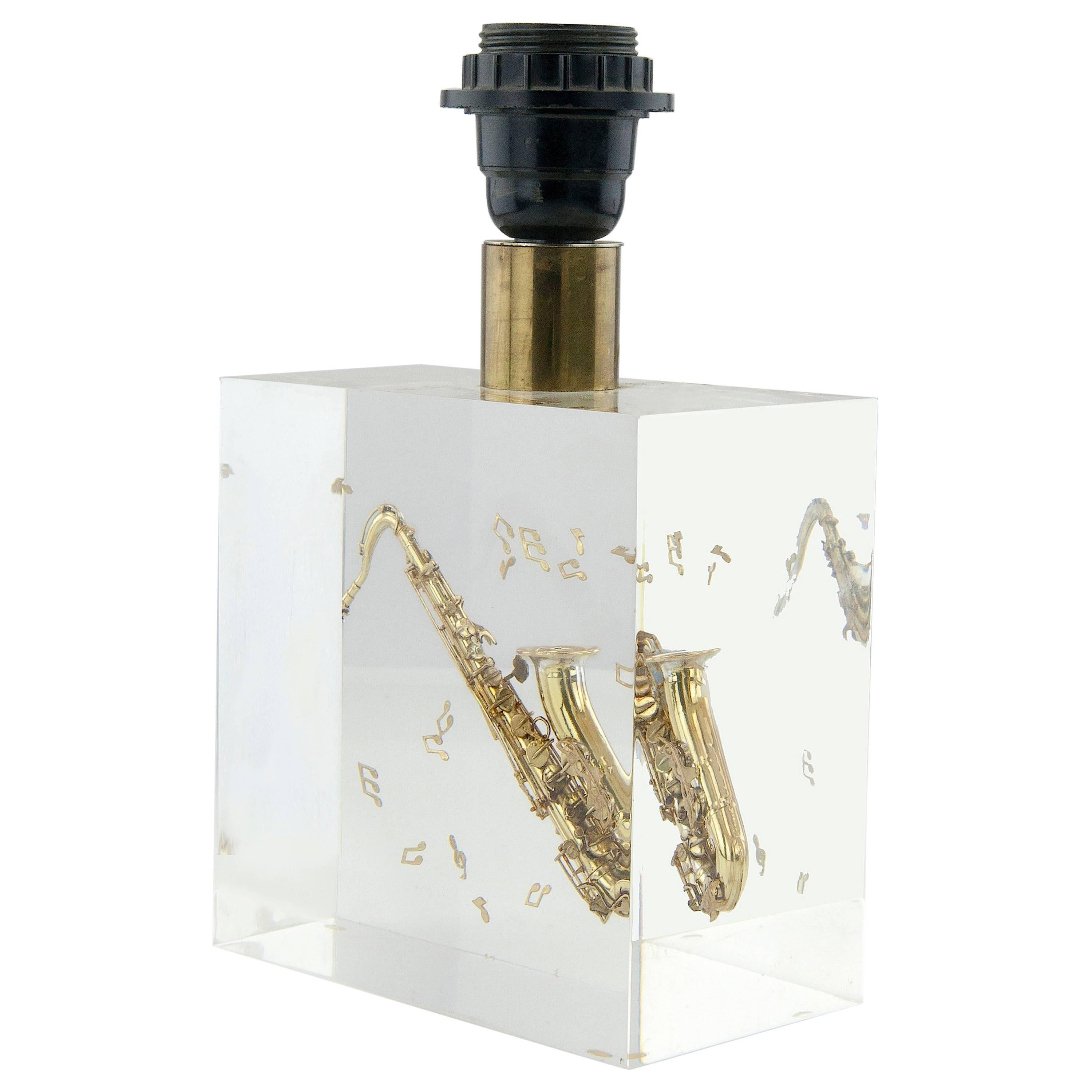Resin Table Lamp with an Inclusion of a Saxophone