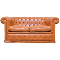 Chesterfield Sofa Orange Cognac Brown Leather Two-Seat Couch Vintage Retro
