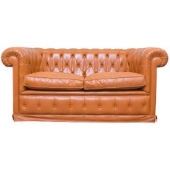 Chesterfield Sofa Cognac Brown Leather Two-Seat Couch Vintage Retro 8