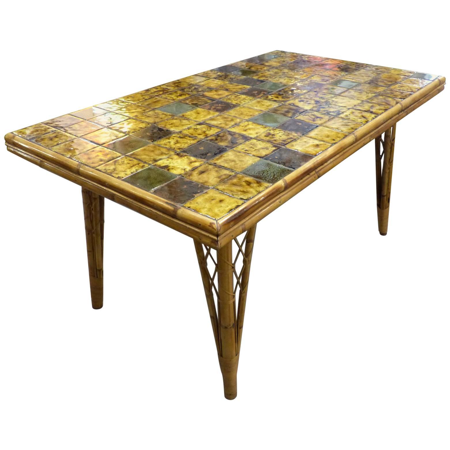 Beautiful Audoux Minet Ceramic and Wicker Table circa 1960 For Sale
