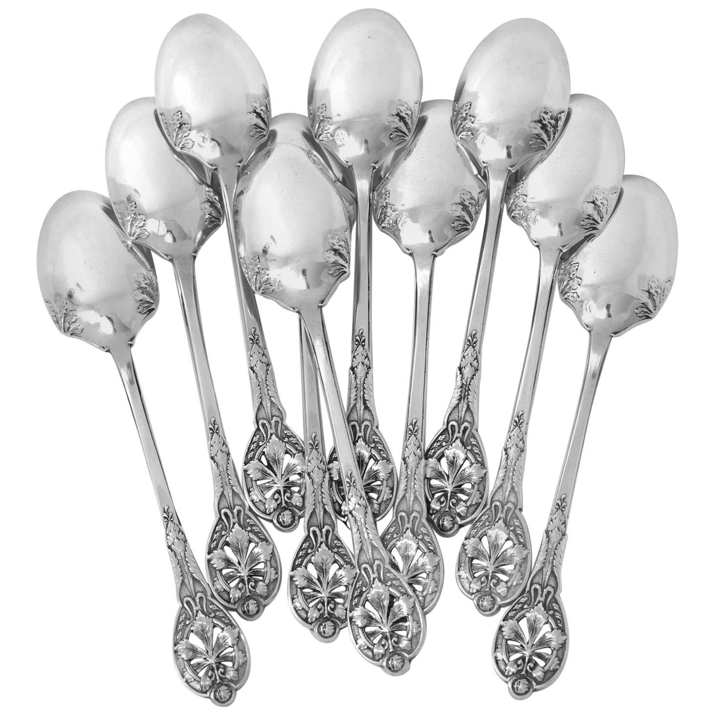 Henin Masterpiece French Sterling Silver Tea Coffee Spoons Set Chestnut Leaves