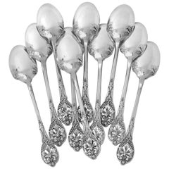 Antique Henin Masterpiece French Sterling Silver Tea Coffee Spoons Set Chestnut Leaves