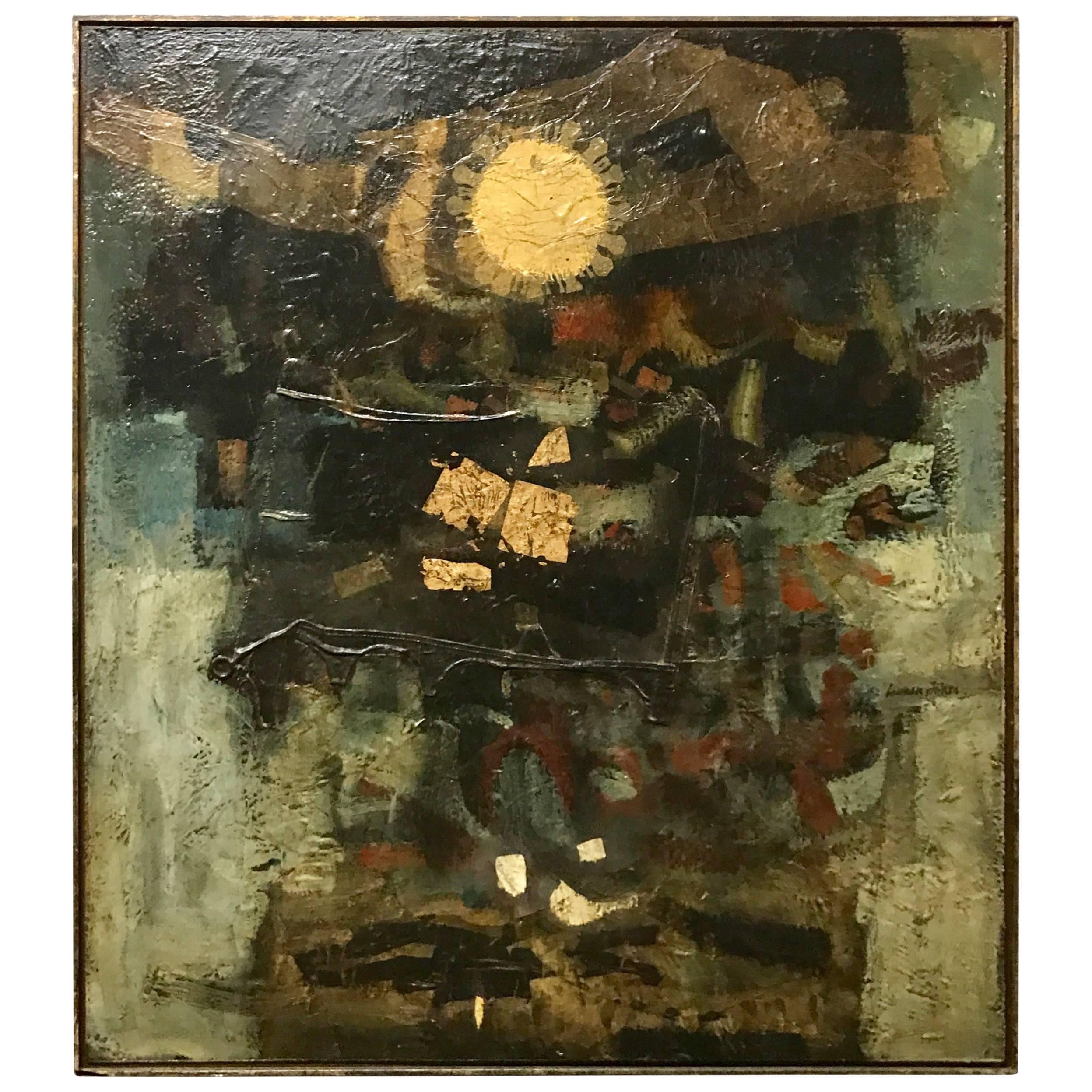 Large Modern Abstract Oil Painting on Canvas "Night Sun" by Layman Jones, 1962
