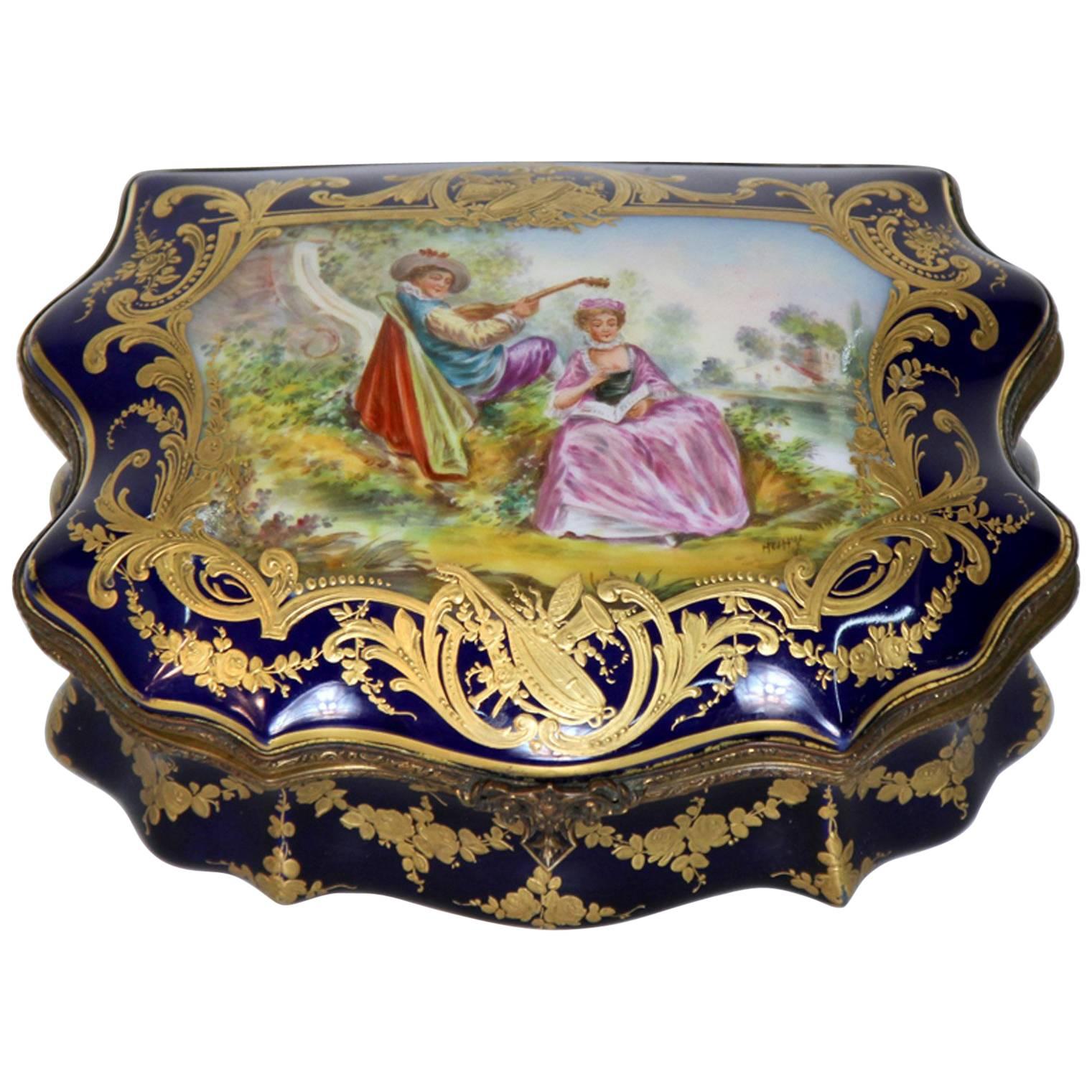 Antique Sevres Royal Imperial Cobalt Jewelry Box For Sale