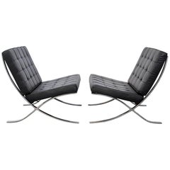 Pair of Barcelona Black Leather Lounge Chairs by Mies Van Der Rohe
