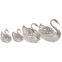 Set of Four Silver and Crystal Swans