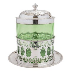 19th Century Victorian Green Glass and Silver Plated Biscuit Box