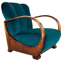 Art Deco Antique Elm Armchair in New Teal Velvet, 1934 Dutch Design