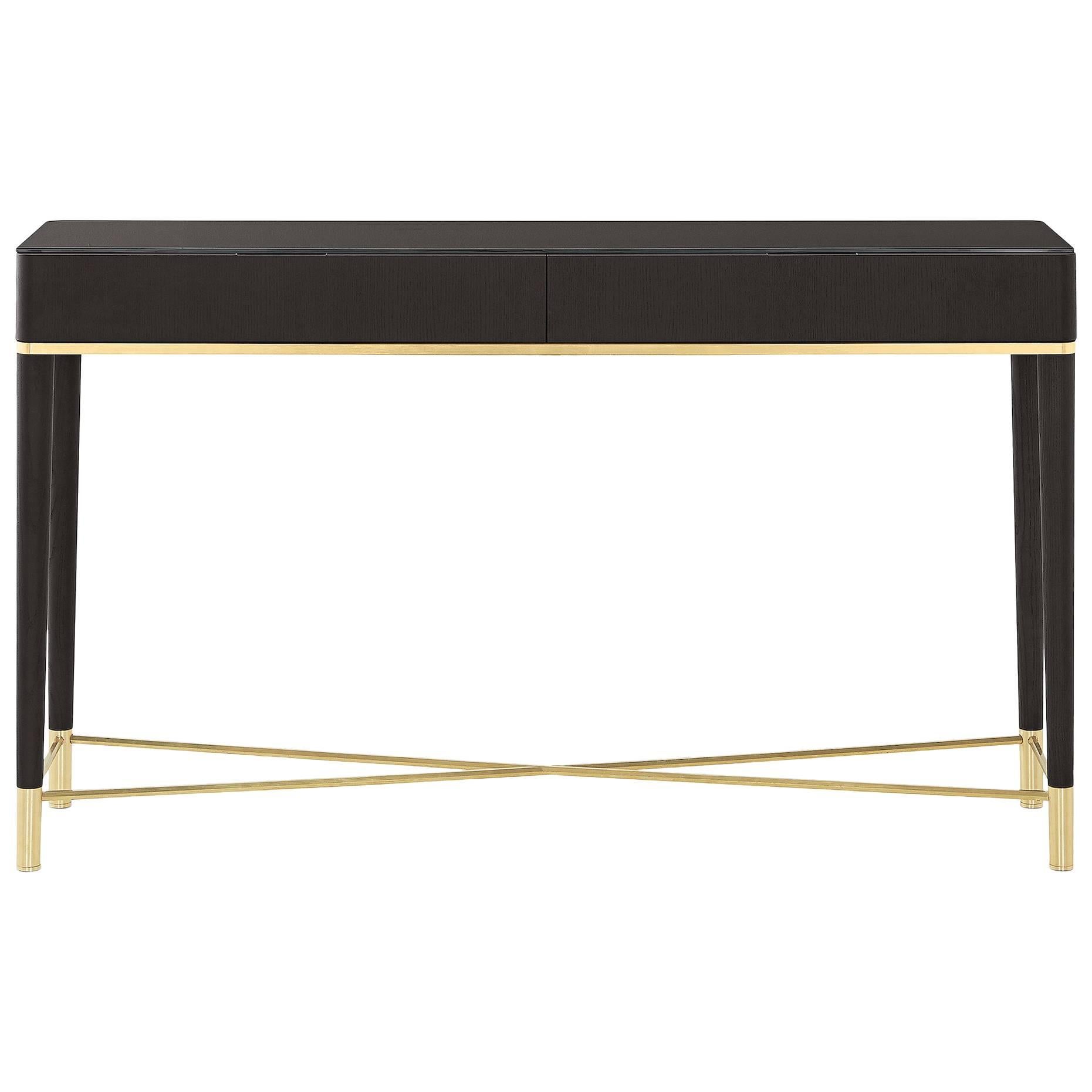 Gallotti & Radice Tama Two-Drawer Console in Black Lacquered Ash/Brass/Glass For Sale