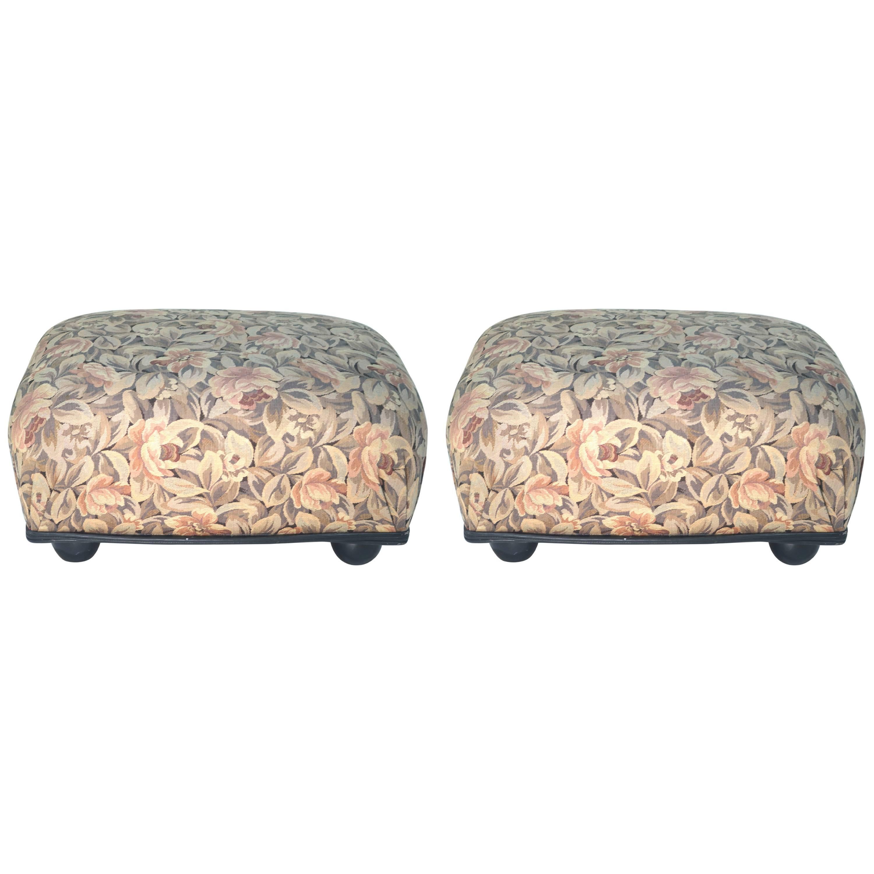 Ronn Jaffe Tapestry Woven Linen Pair Ottoman Foot Stools-Leather Welting For Sale