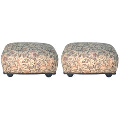 Vintage Ronn Jaffe Tapestry Woven Linen Pair Ottoman Foot Stools-Leather Welting