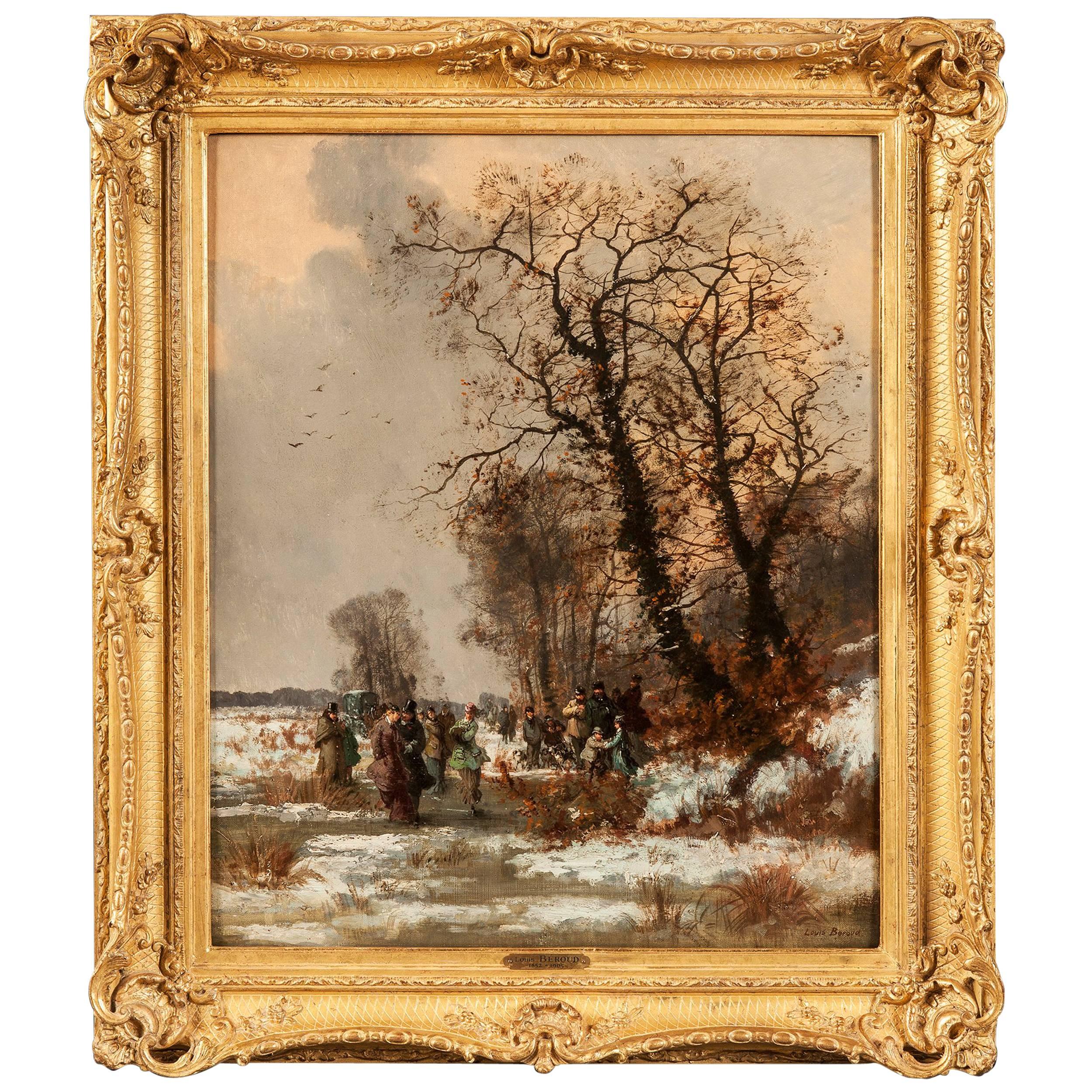 Óleo antiguo "La fiesta del patinaje" de Louis Béroud
