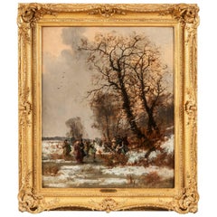 Óleo antiguo "La fiesta del patinaje" de Louis Béroud