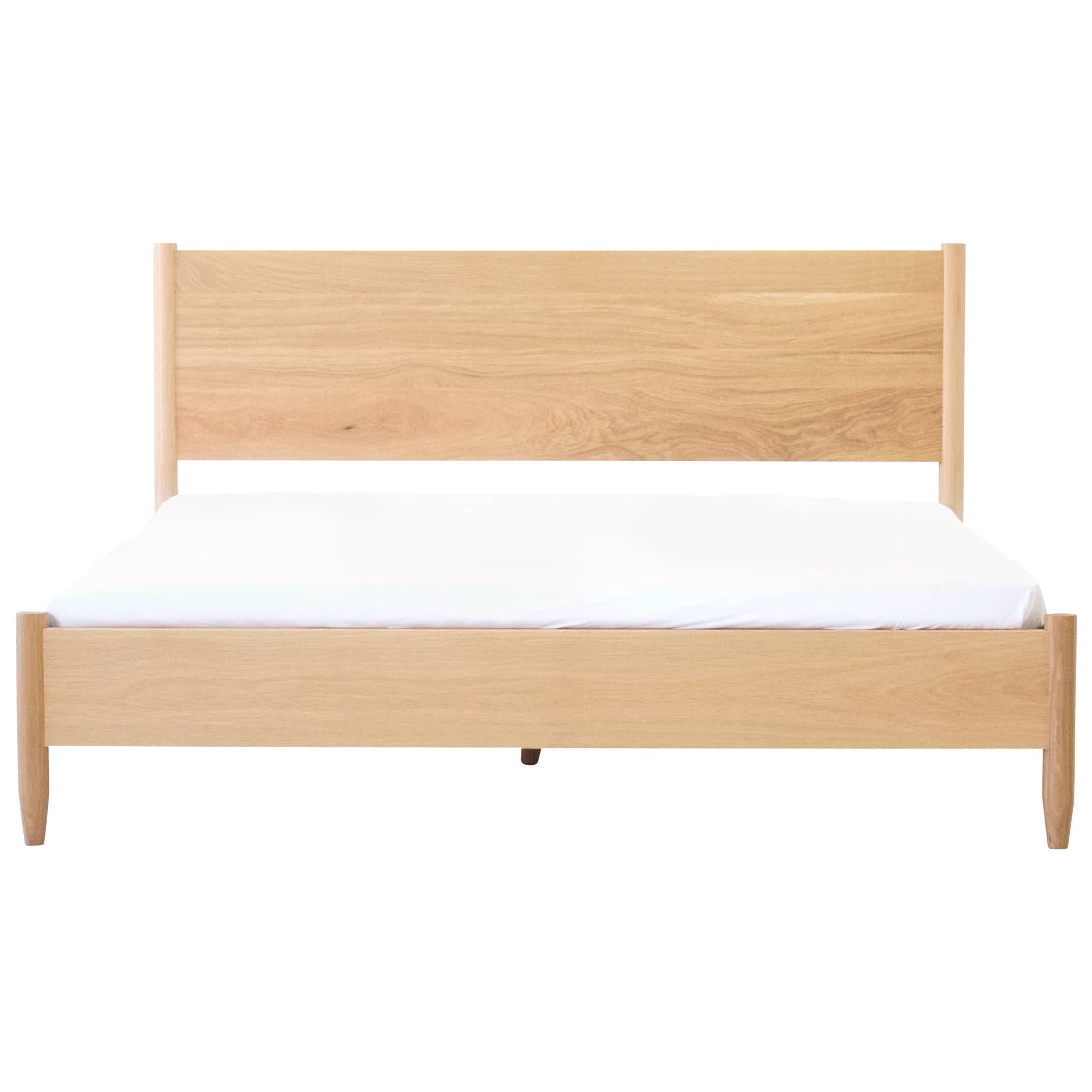 Modern Solid Wood White Oak Bed with Tapered Legs For Sale
