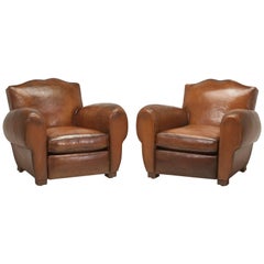 Original Pair of French Leather Club Chairs, Completely Restored