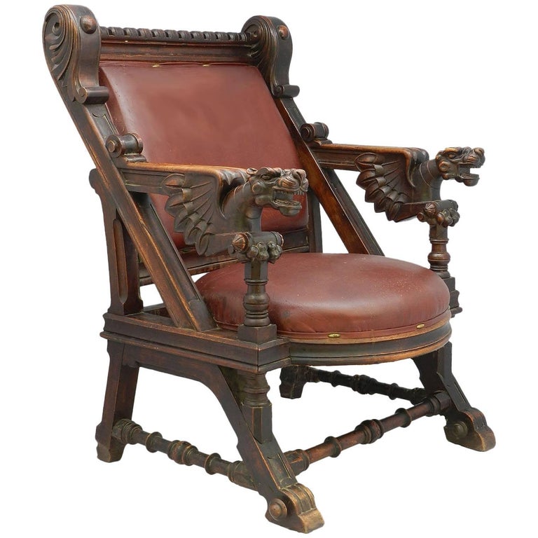 Throne Desk Chair 19th Century Renaissance Carved Dragons Spanish