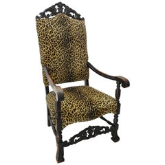 19th Century German Hand-Carved High Back Chair with Leopard Print Upholstery
