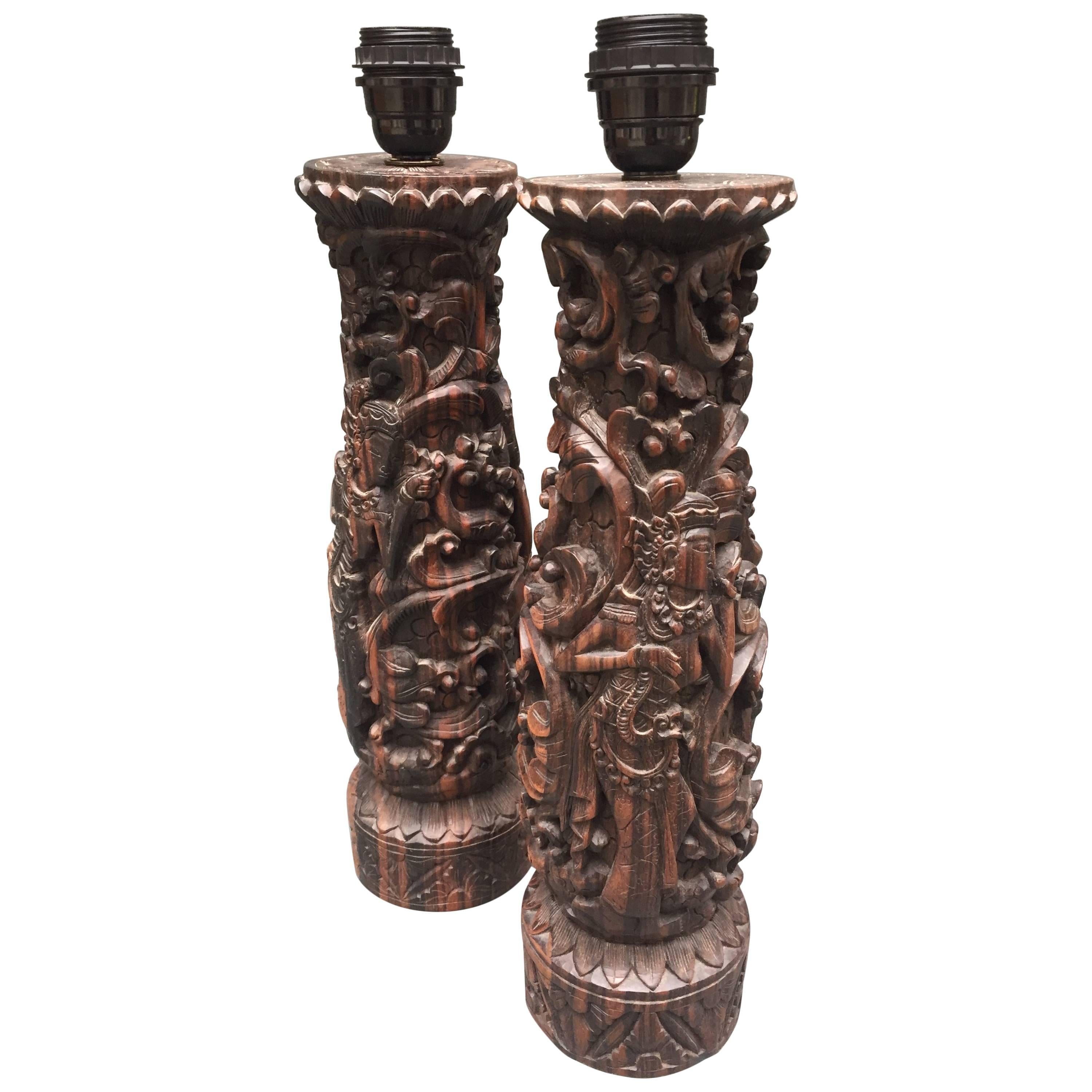 Two Vintage Indonesian Table Lamps Hand-Carved in Zebrawood For Sale