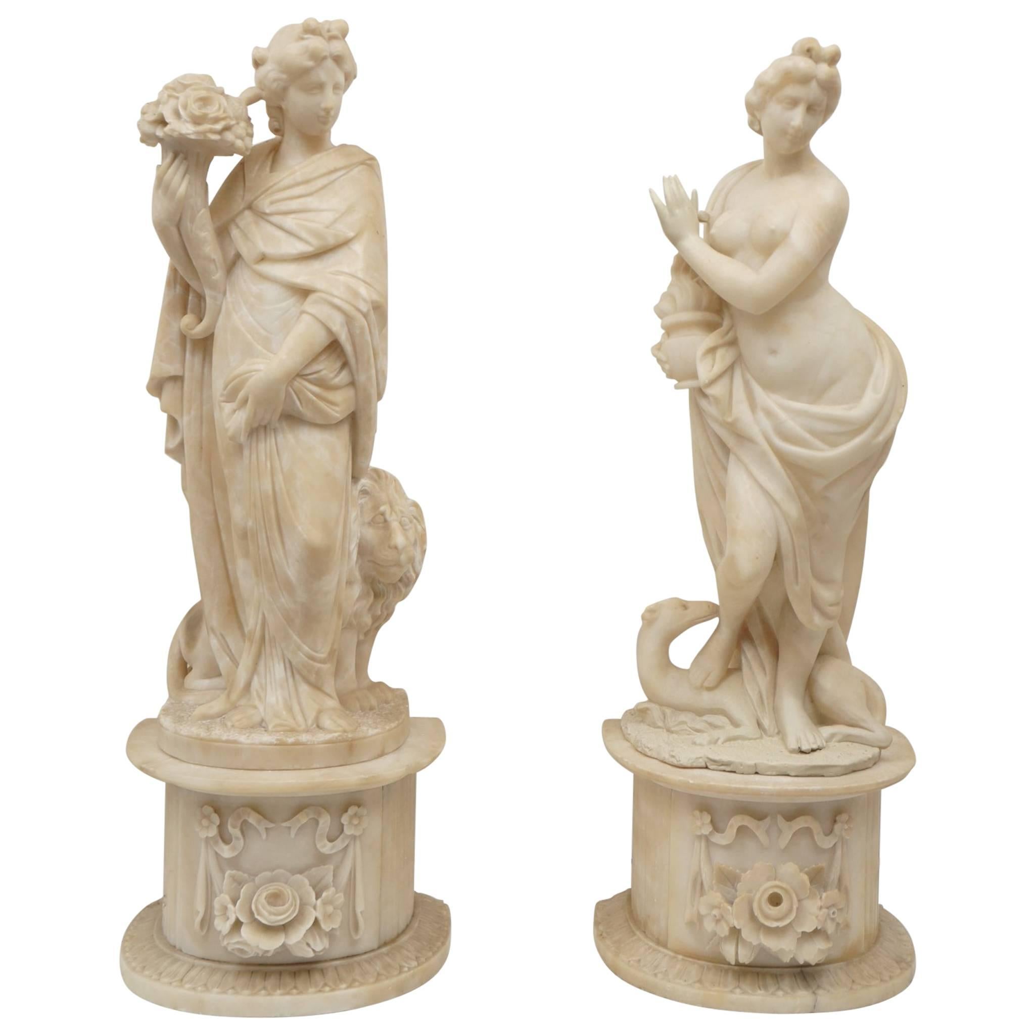 Pair of 19th Century Carved Alabaster Statues of Classically Draped Females