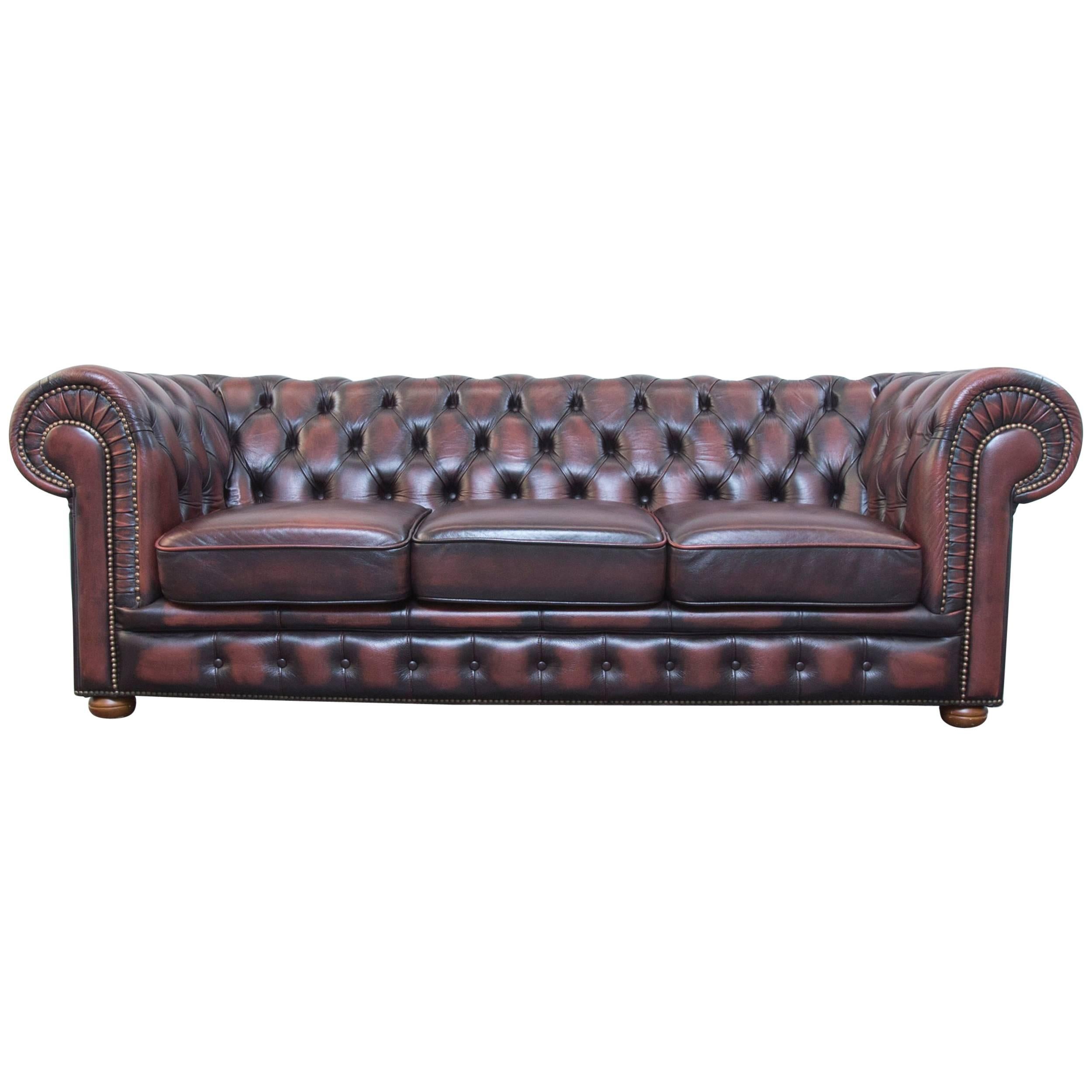 Original Chesterfield Leather Sofa Brown Three-Seat Couch Vintage Retro