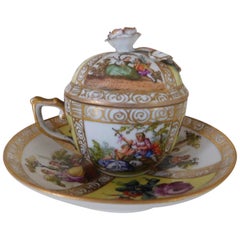 19th Century Meissen Porcelain Chocolate Cup, Lid and Saucer