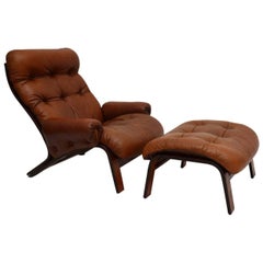 Danish Retro Rosewood and Leather Armchair & Stool Vintage, 1970s