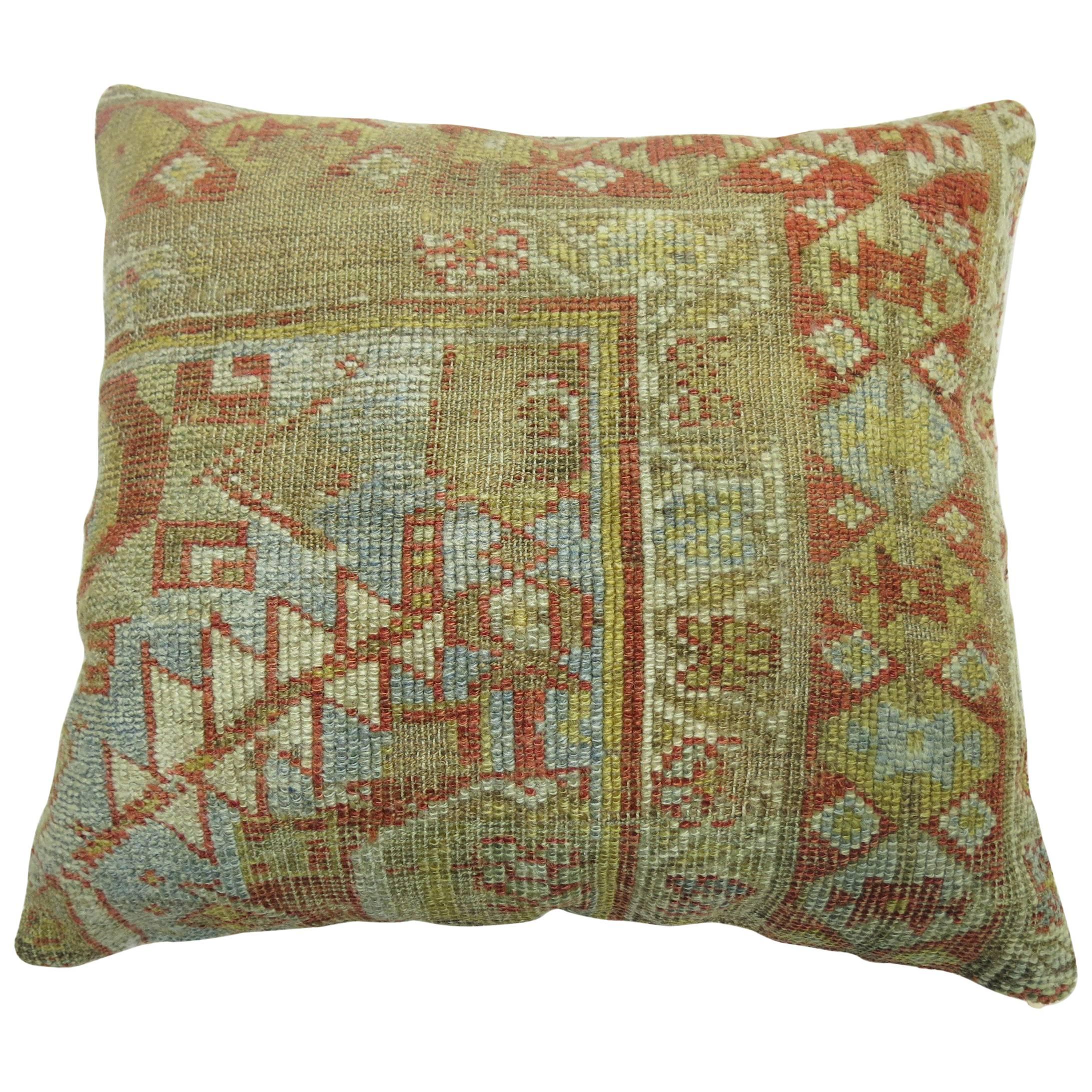 Pillow made from a Persian Malayer rug in dominant light blue and rust accents.

Measures: 19