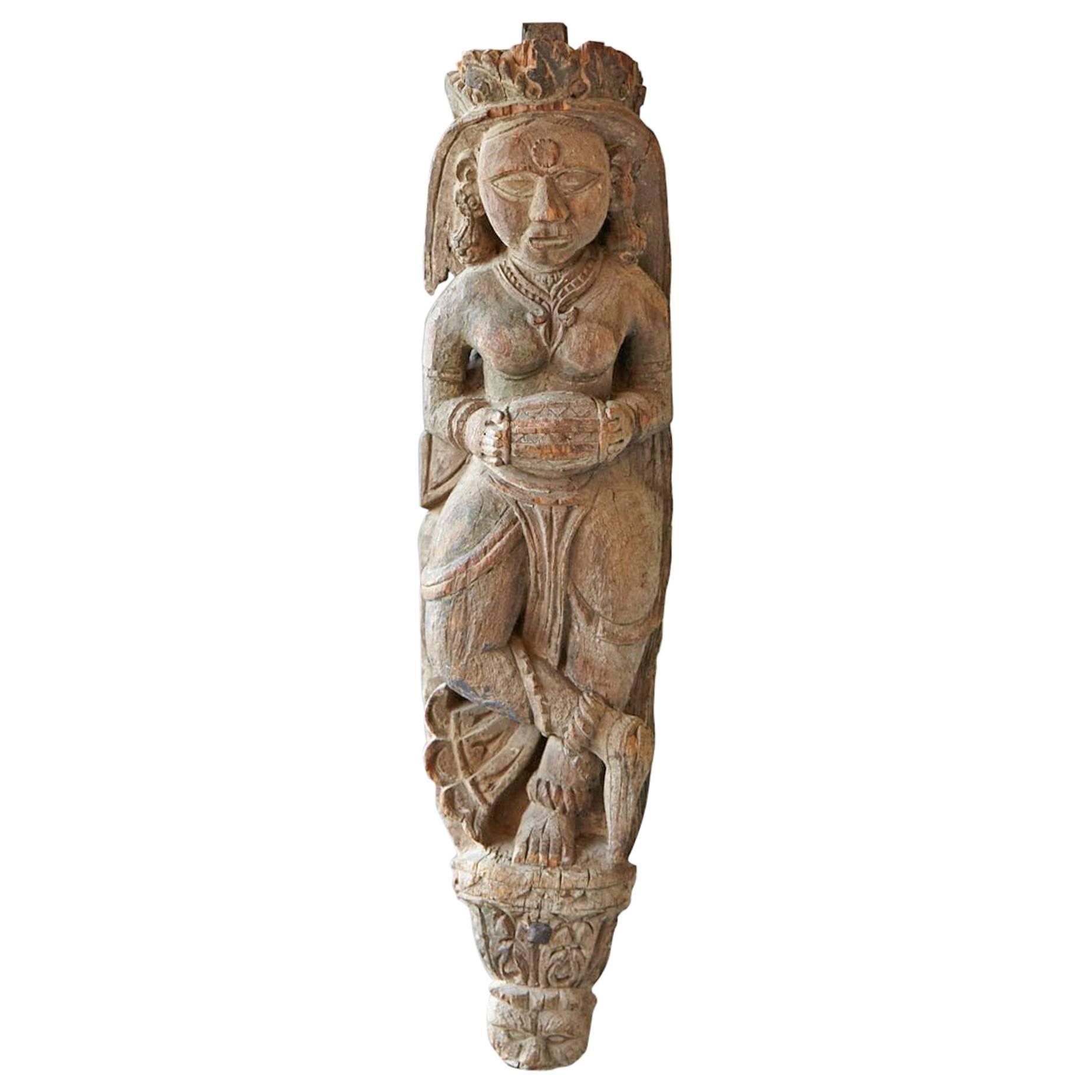 Hand-Carved Wood Wall Sculpture of an Indian Goddess