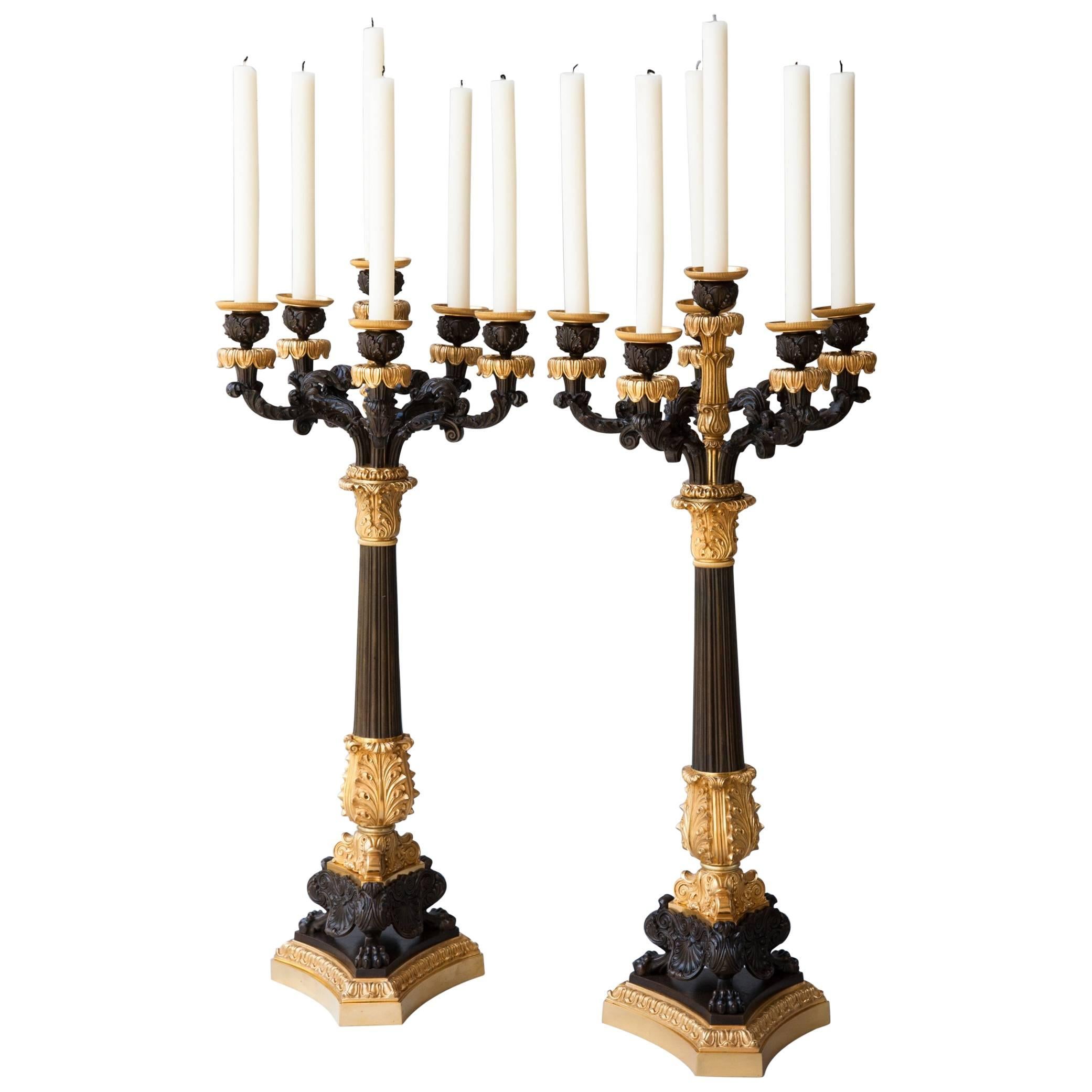 Pair of 19th Century Restauration Gilt and Patinated Bronze Six-Light Candelabra For Sale