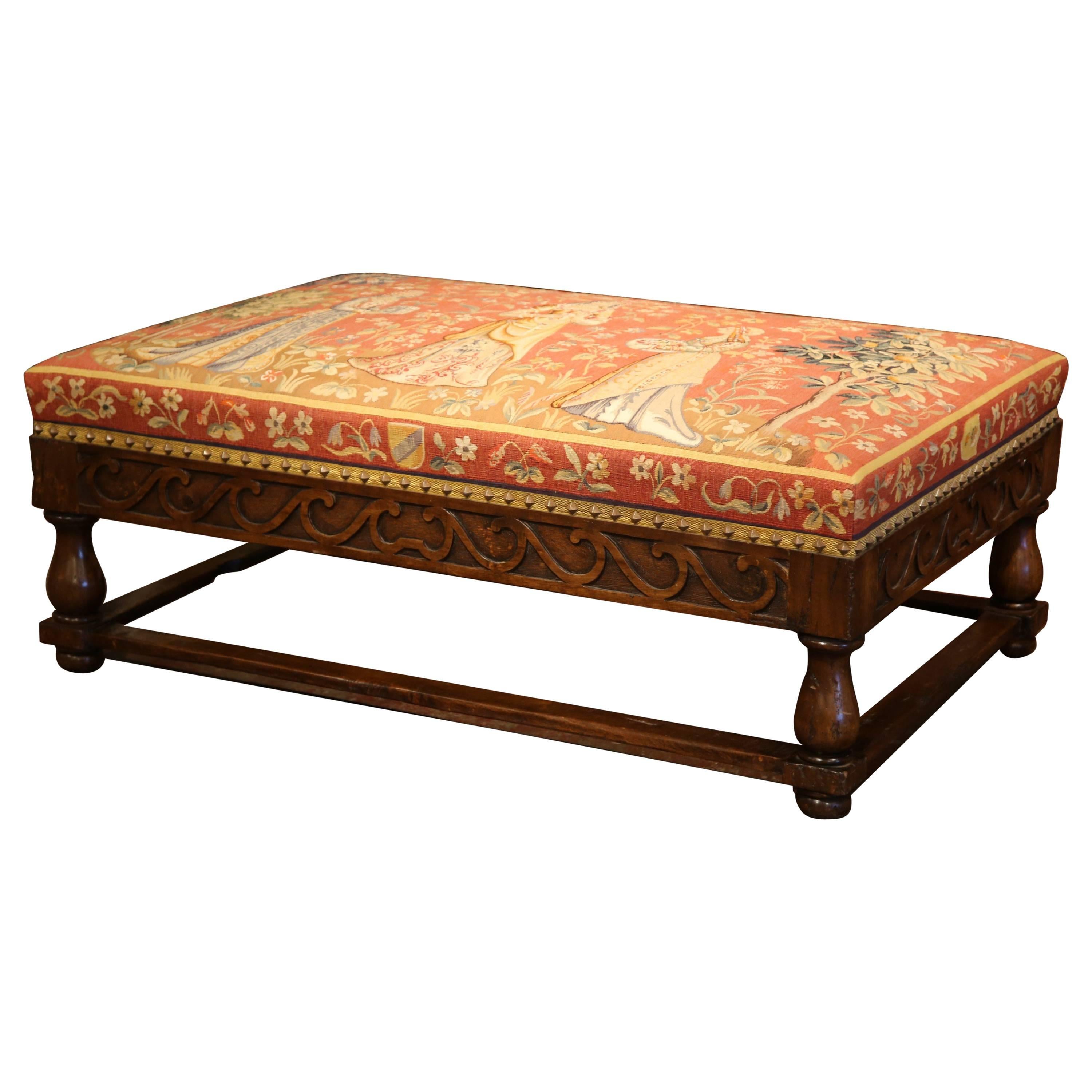 Large, 19th Century French Carved Walnut Ottoman with Aubusson Tapestry
