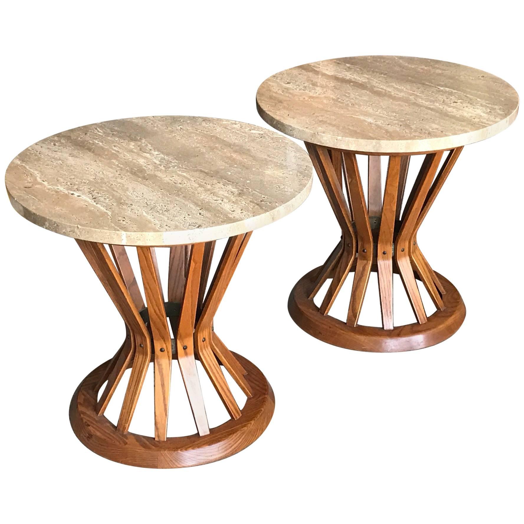 Pair of Edward Wormley Dunbar Sheaf of Wheat Tables with Travertine Tops